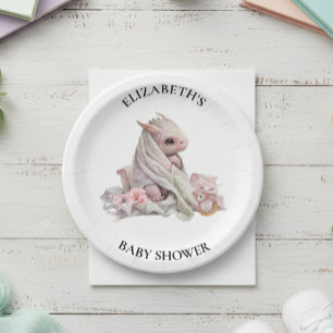 Pink Dragon Watercolor Baby Shower  Paper Plate