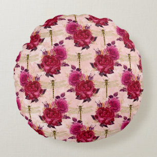 Pink Dragonflies and Roses Round Cushion