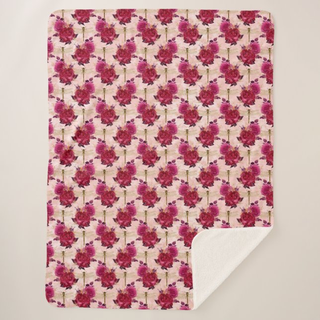 Pink Dragonflies and Roses  Sherpa Blanket (Front)