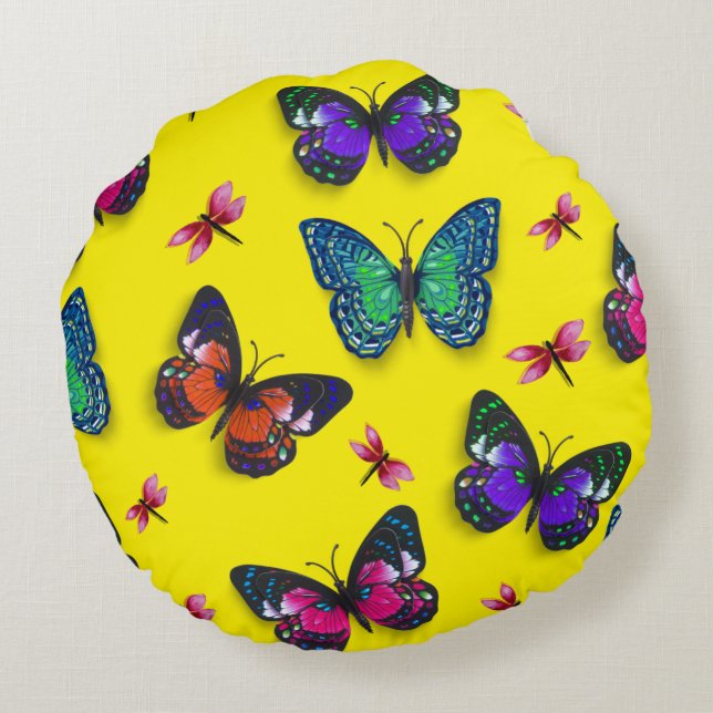 Pink Dragonflies & Butterflies Round Pillow (Back)