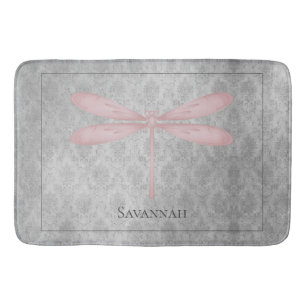 Pink Dragonfly Damask Bath Mat
