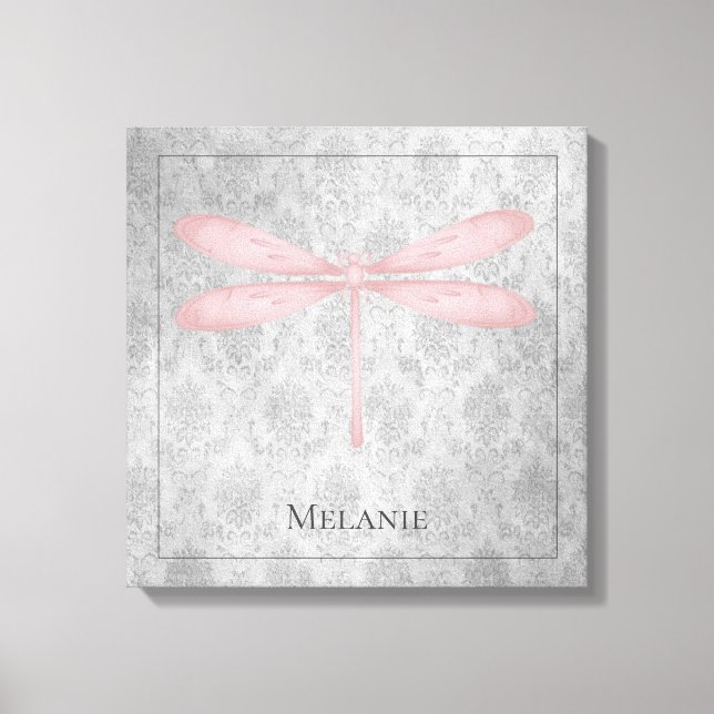 Pink Dragonfly Damask Canvas Print (Front)
