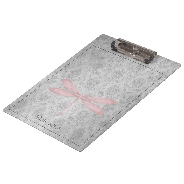Pink Dragonfly Damask Clipboard (Angled)