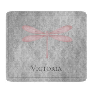 Pink Dragonfly Damask Cutting Board