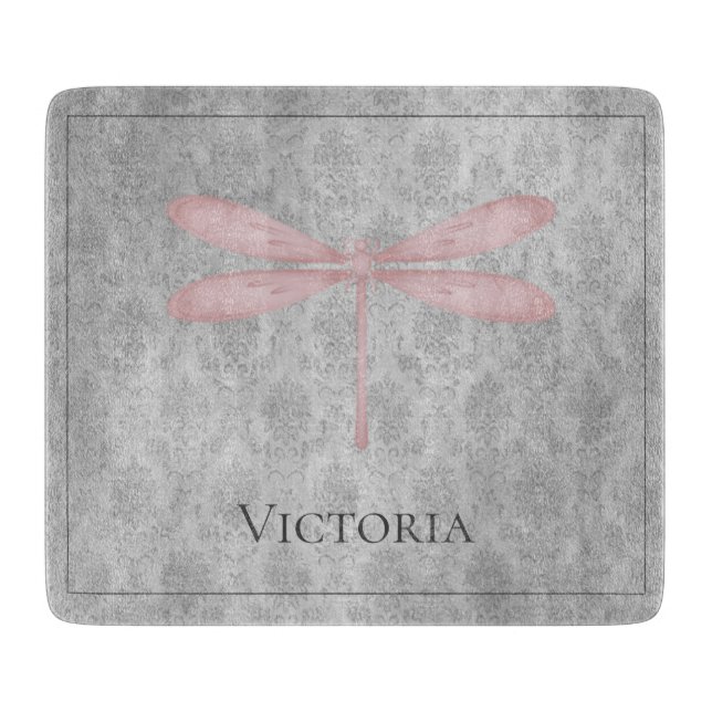 Pink Dragonfly Damask Cutting Board (Front)
