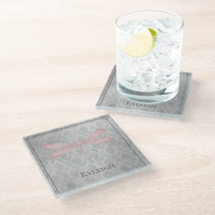 Pink Dragonfly Damask Glass Coaster