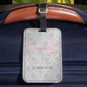 Pink Dragonfly Damask Luggage Tag