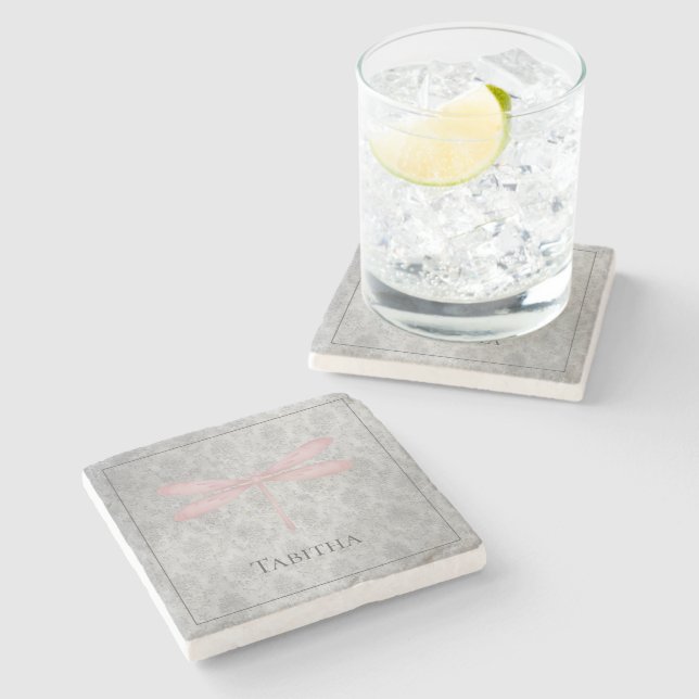 Pink Dragonfly Damask Stone Coaster (Side)