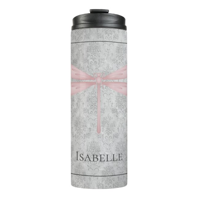 Pink Dragonfly Damask Thermal Tumbler (Front)