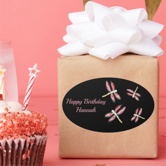 Pink Dragonfly Decorative Birthday Oval Sticker (Party)