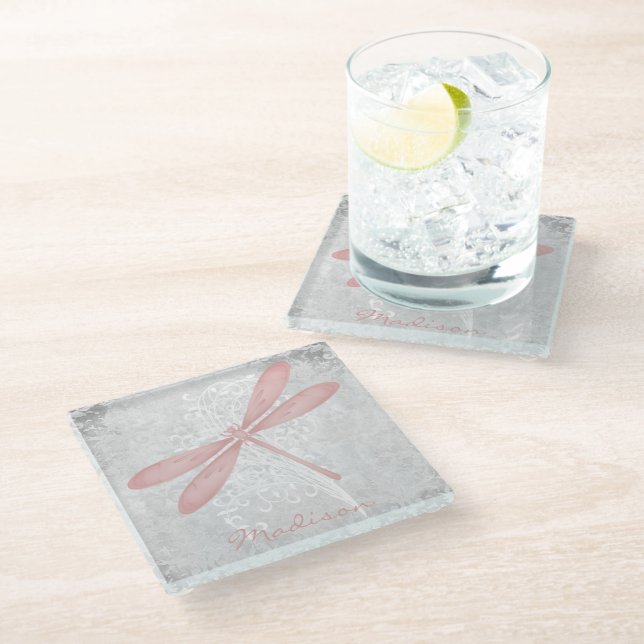 Pink Dragonfly Personalised Glass Coaster (Angled)