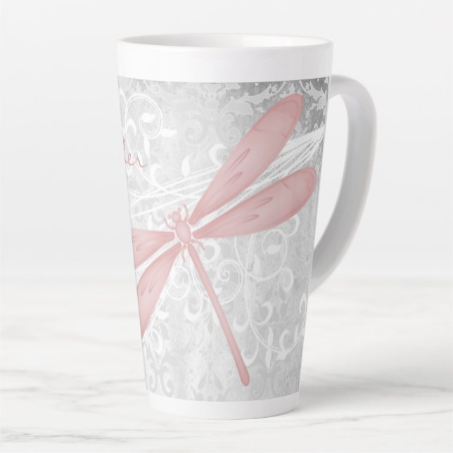 Pink Dragonfly Personalised Latte Mug (Right Angle)
