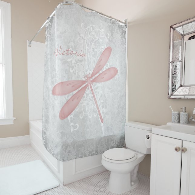 Pink Dragonfly Personalised Shower Curtain (In Situ)