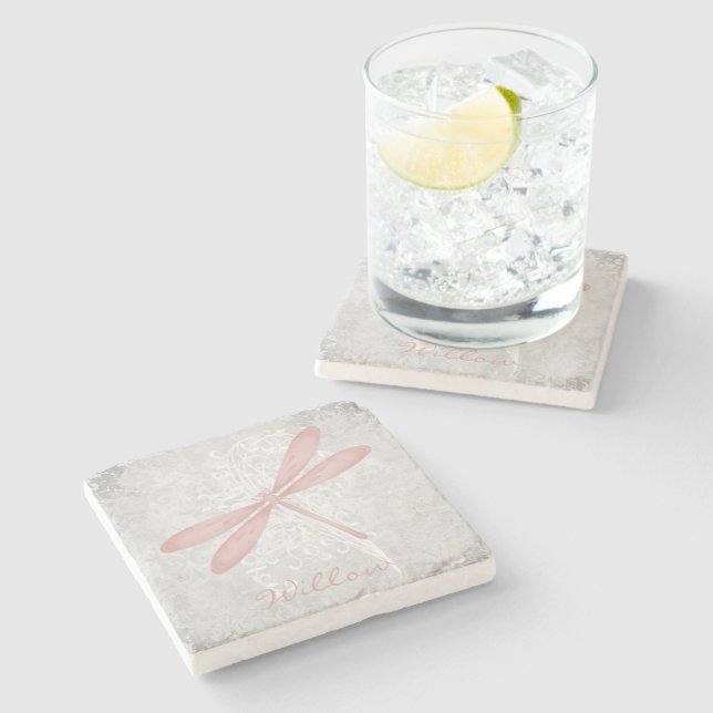 Pink Dragonfly Personalised Stone Coaster (Side)