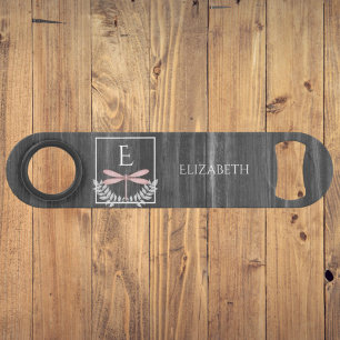 Pink Dragonfly Rustic Personalised Bar Key