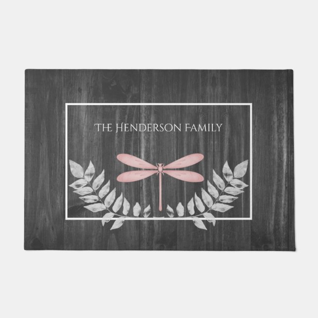 Pink Dragonfly Rustic Personalised Doormat (Front)