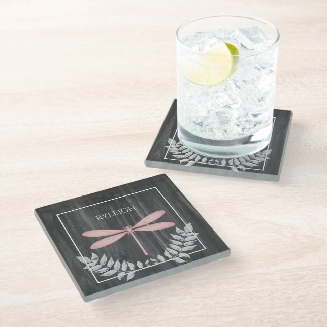 Pink Dragonfly Rustic Personalised Glass Coaster (Angled)