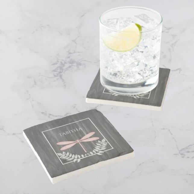 Pink Dragonfly Rustic Personalised  Stone Coaster (Pink Dragonfly Rustic Personalized Stone Coaster)