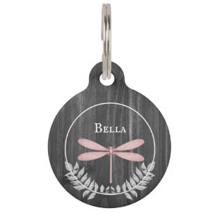 Pink Dragonfly Rustic Round Pet Tag