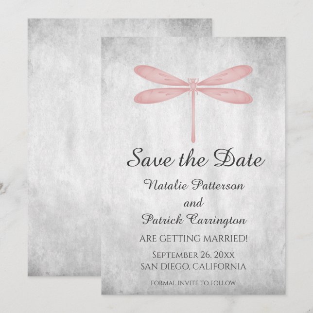 Pink Dragonfly Save the Date Invite (Front/Back)