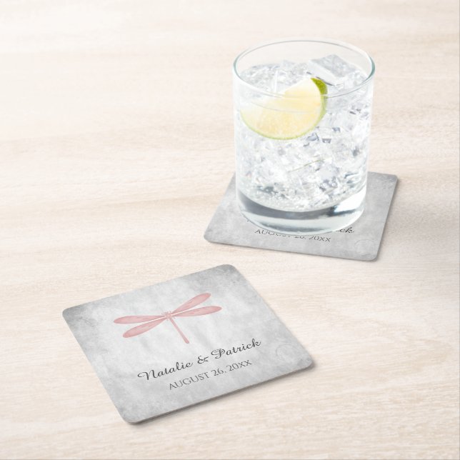 Pink Dragonfly Wedding Paper Coasters (Insitu)