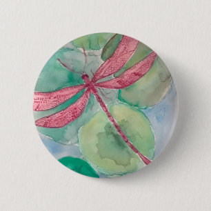 pink dragonfly with lily pads 6 cm round badge
