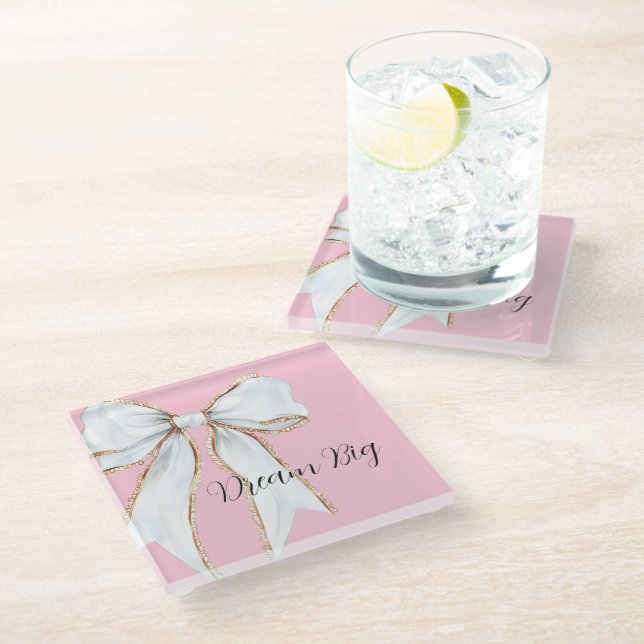 Pink Dream Big White Bow Glass Coaster (Angled)