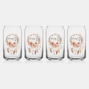 Pink Dream Catcher Boho Floral Can Glass