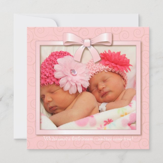 Pink Dream Twin Girl Baby Photo Birth Announcement (Front)
