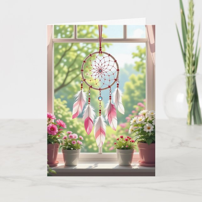 Pink Dreamcatcher and Plants Window Birthday Card (Front)