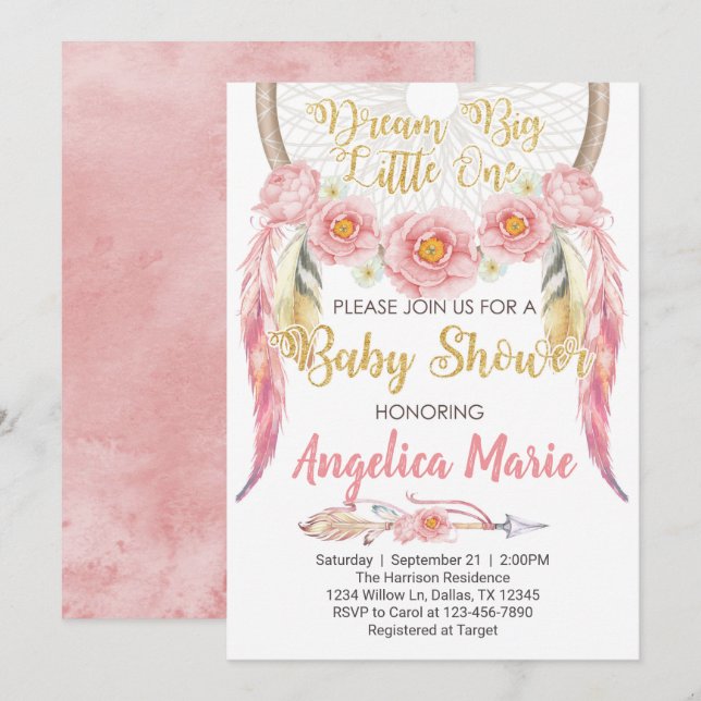Pink Dreamcatcher Baby Shower Invitation Invite (Front/Back)