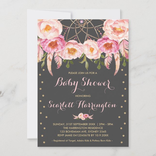 Pink Dreamcatcher Girl Baby Shower Boho Floral Invitation (Front)