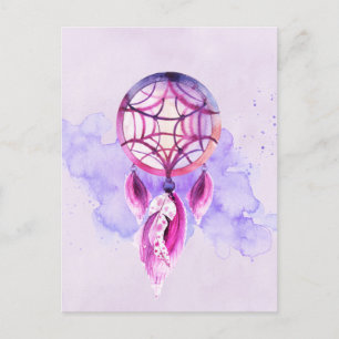 Pink Dreamcatcher On Purple Watercolor Splatter Postcard