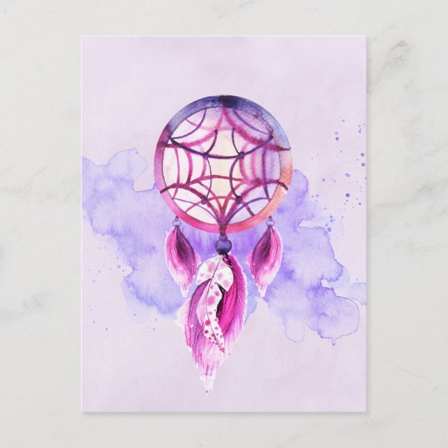 Pink Dreamcatcher On Purple Watercolor Splatter Postcard (Front)