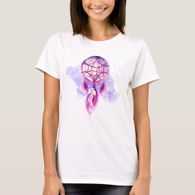 Pink Dreamcatcher On Purple Watercolor Splatter T-Shirt (Front)