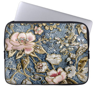 Pink Dreams in Embroidered Jeans Style Laptop Sleeve