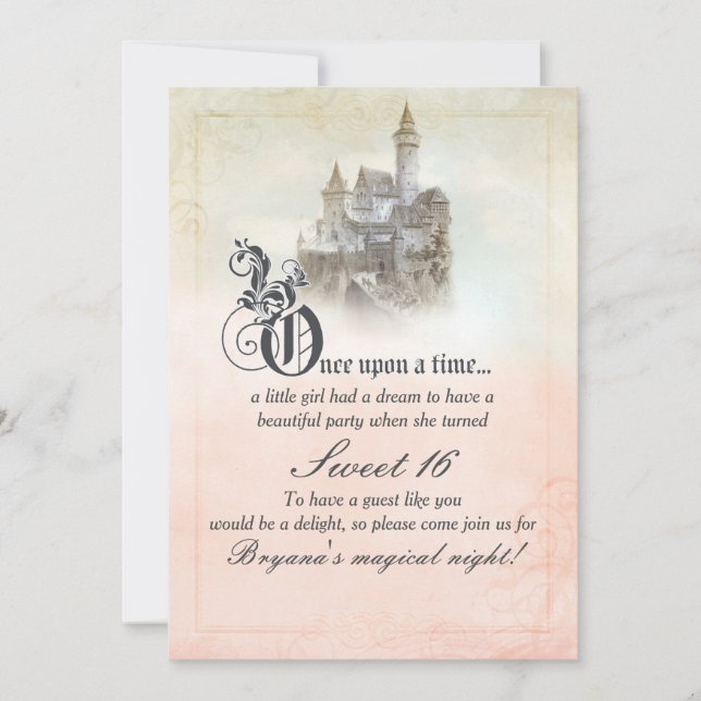 Pink Dreamy Fairy Tale Storybook Castle Sweet 16 Invitation (Front)