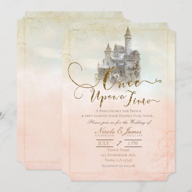 Pink Dreamy Fairy Tale Storybook Castle Wedding Invitation (Front/Back)