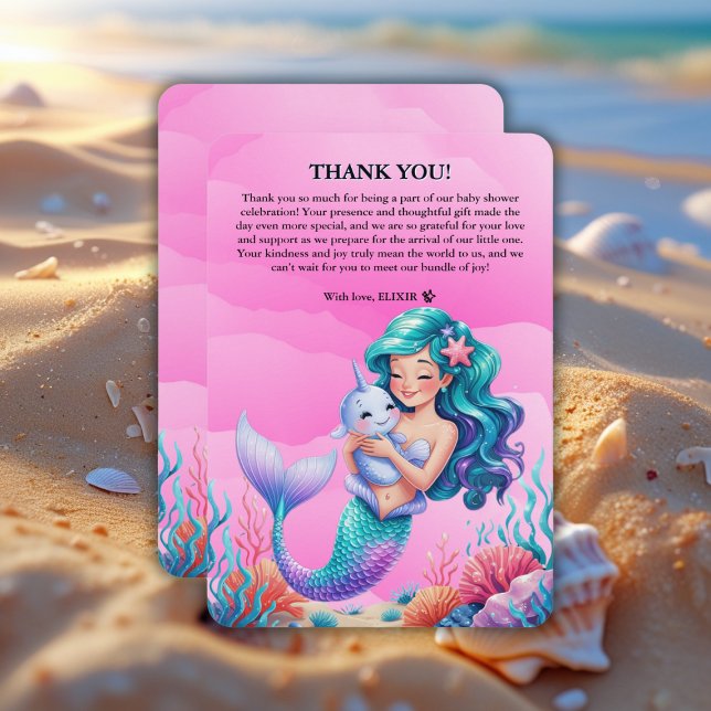 Pink Dreamy Mermaid Under the Sea Baby Shower Thank You Card (Creator Uploaded)