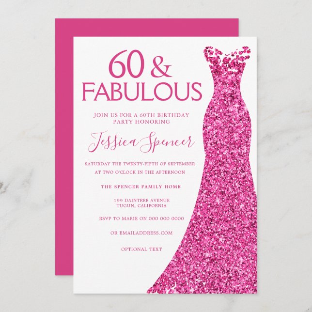 Pink Dress 60th Birthday Party 60 & Fabulous Invitation (Front/Back)