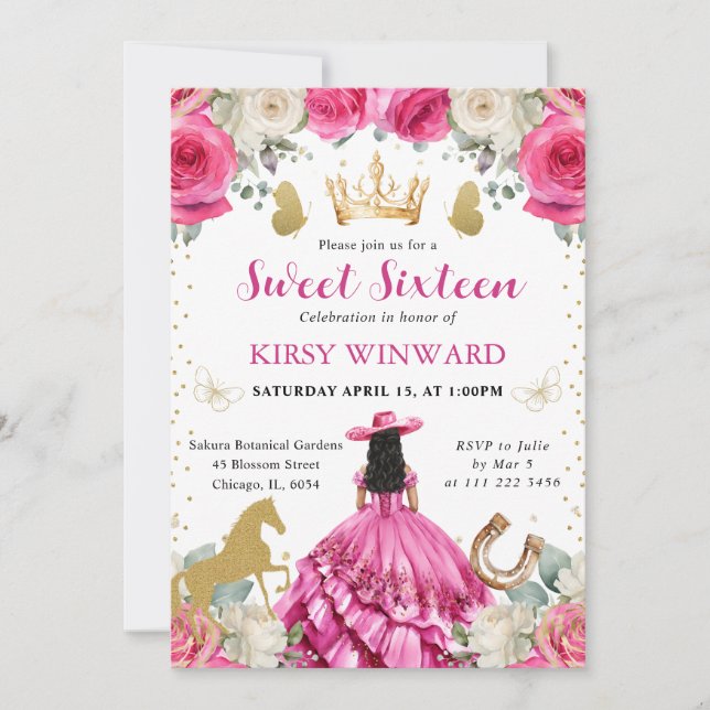 Pink Dress Black Hair Western Princess Sweet 16 Invitation (Front)
