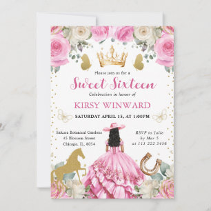 Pink Dress Black Hair Western Princess Sweet 16 Invitation