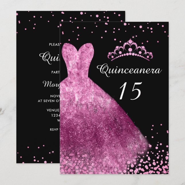 Pink Dress & Black Quinceanera 15th Birthday Party Invitation (Front/Back)