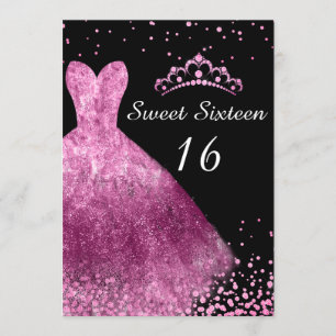Pink Dress & Black Sweet 16 16th Birthday Party Invitation