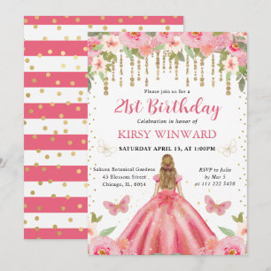 Pink Dress Blonde Haired Princess Birthday Invitation