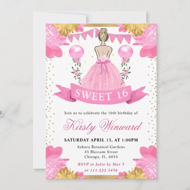 Pink Dress Blonde Princess Sweet 16 Invitation (Front)