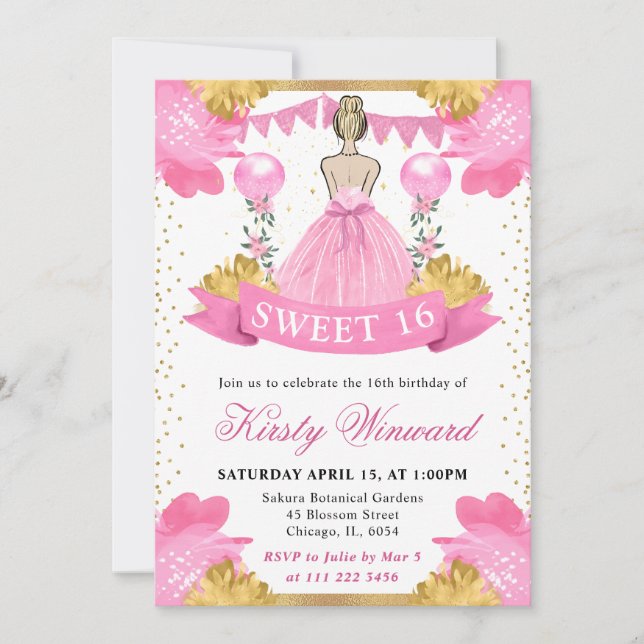 Pink Dress Blonde Princess Sweet 16 Invitation (Front)