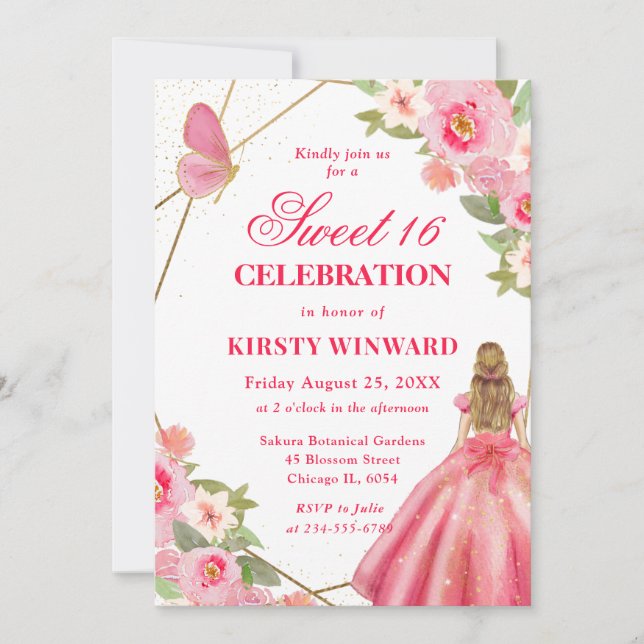 Pink Dress Blonde Woman Flowers Sweet 16 Invitation (Front)