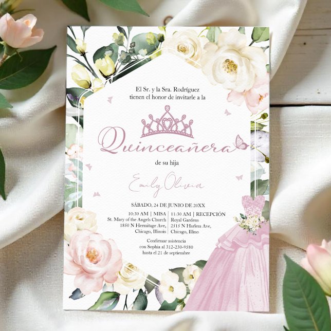 Pink Dress Boho Floral Frame Quinceañera Spanish Invitation (Creator Uploaded)