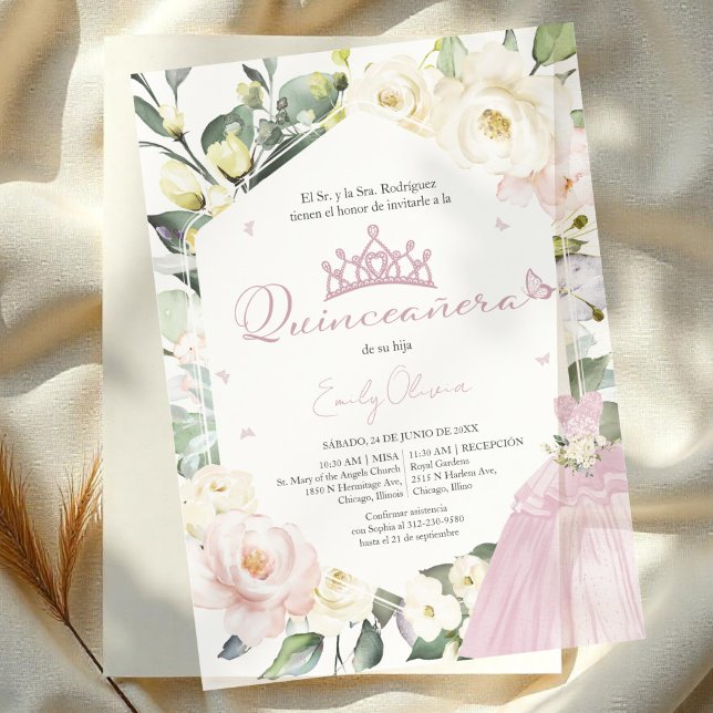 Pink Dress Boho Floral Frame Quinceañera Spanish Vellum Invitations (Creator Uploaded)
